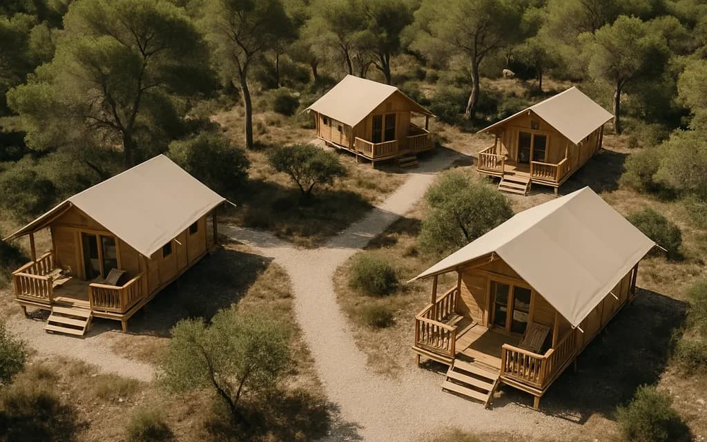 Glamping cabins among trees
