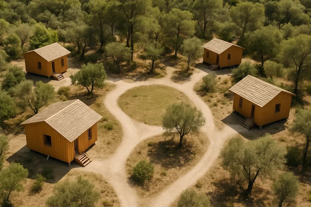 Five cabins with paths in a wooded plot