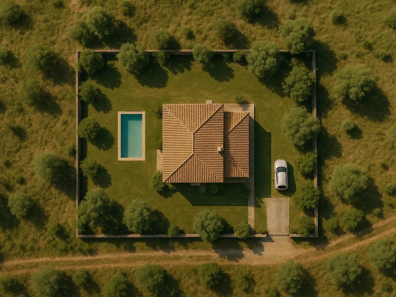 Aerial view of a plot with a house, pool and driveway